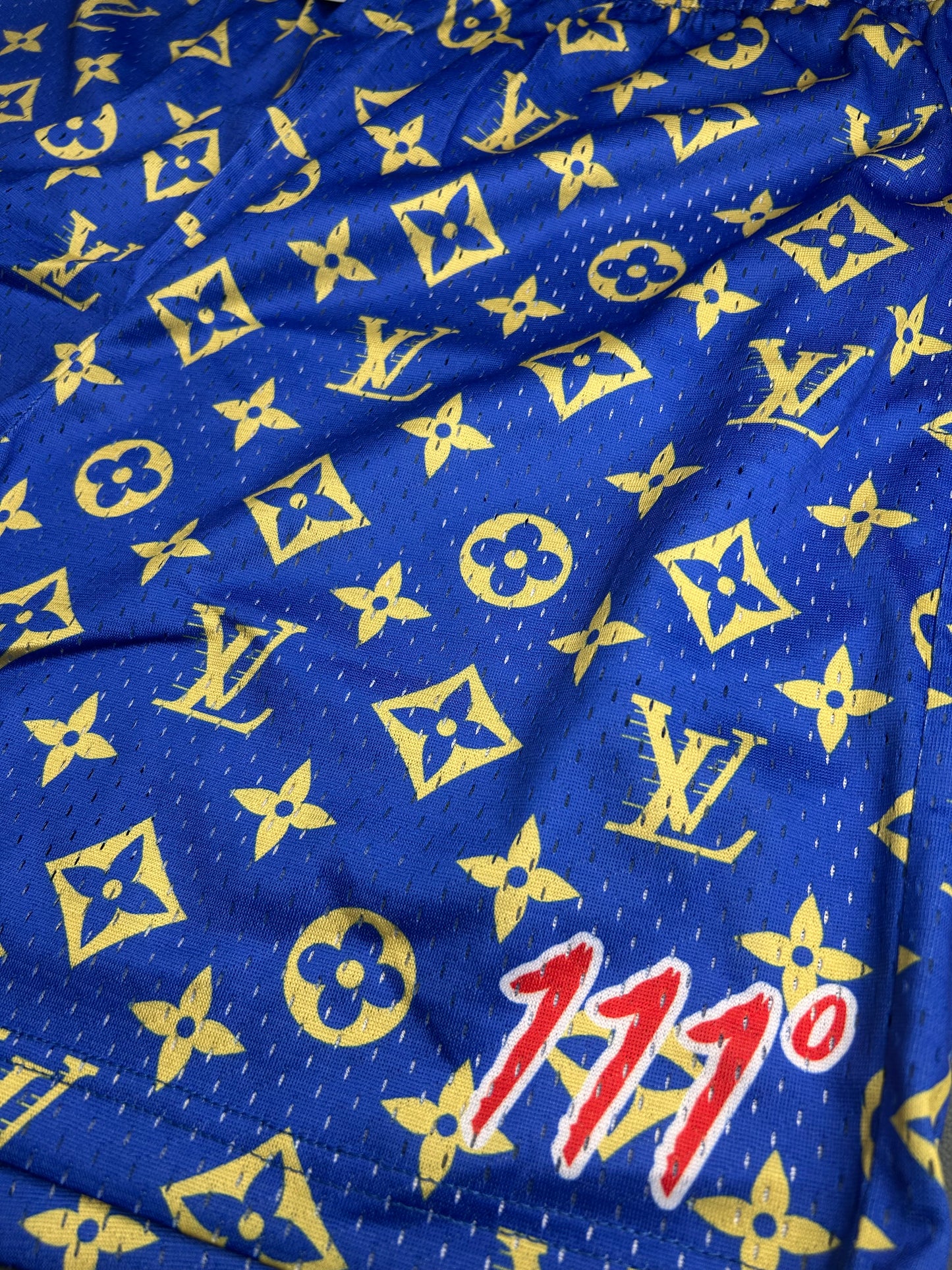 111° Designer Blue & Yellow Monogram Mesh Shorts