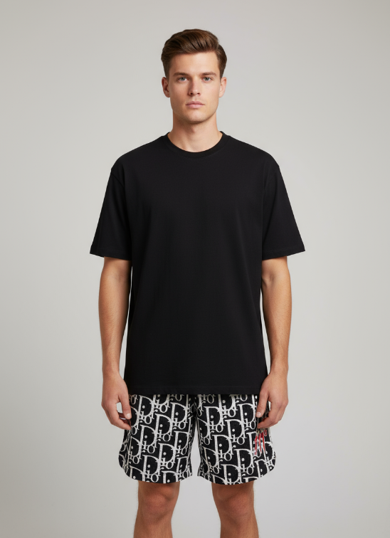 111° Designer Black and White Monogram Mesh Shorts