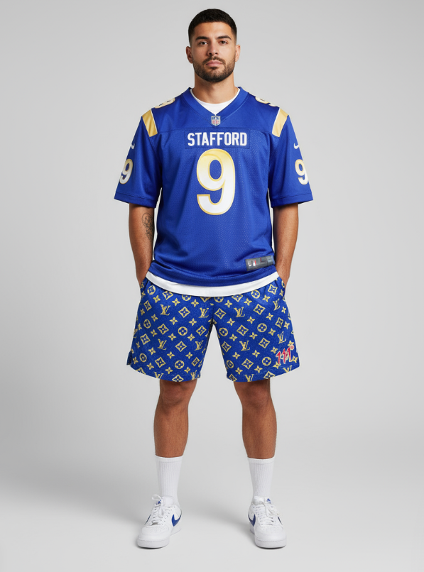 111° Designer Blue & Yellow Monogram Mesh Shorts