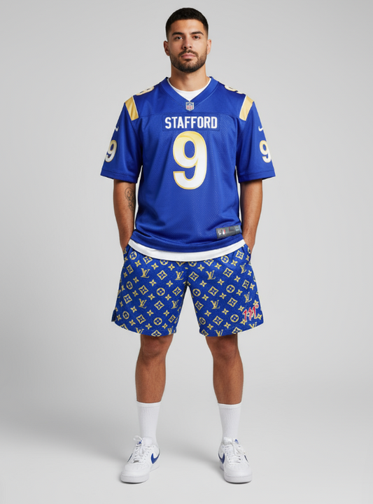 111° Designer Blue & Yellow Monogram Mesh Shorts