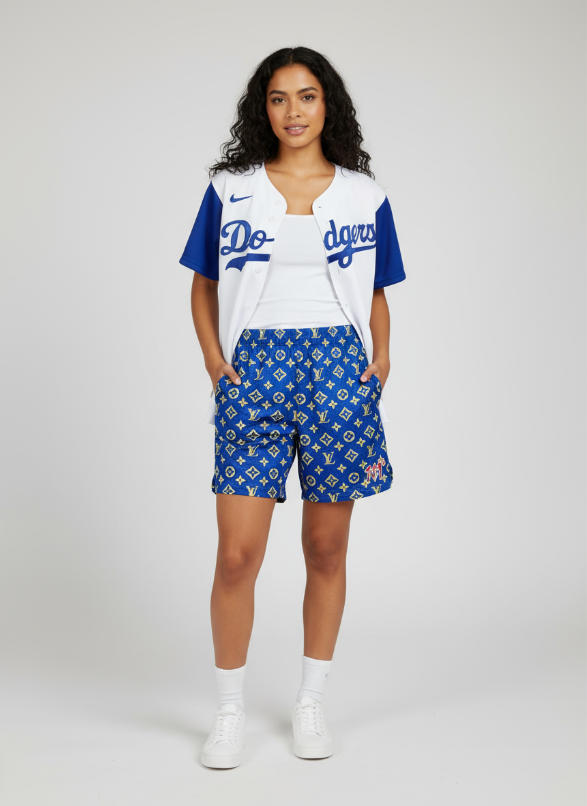 111° Designer Women's Blue & Yellow Monogram Mesh  Shorts